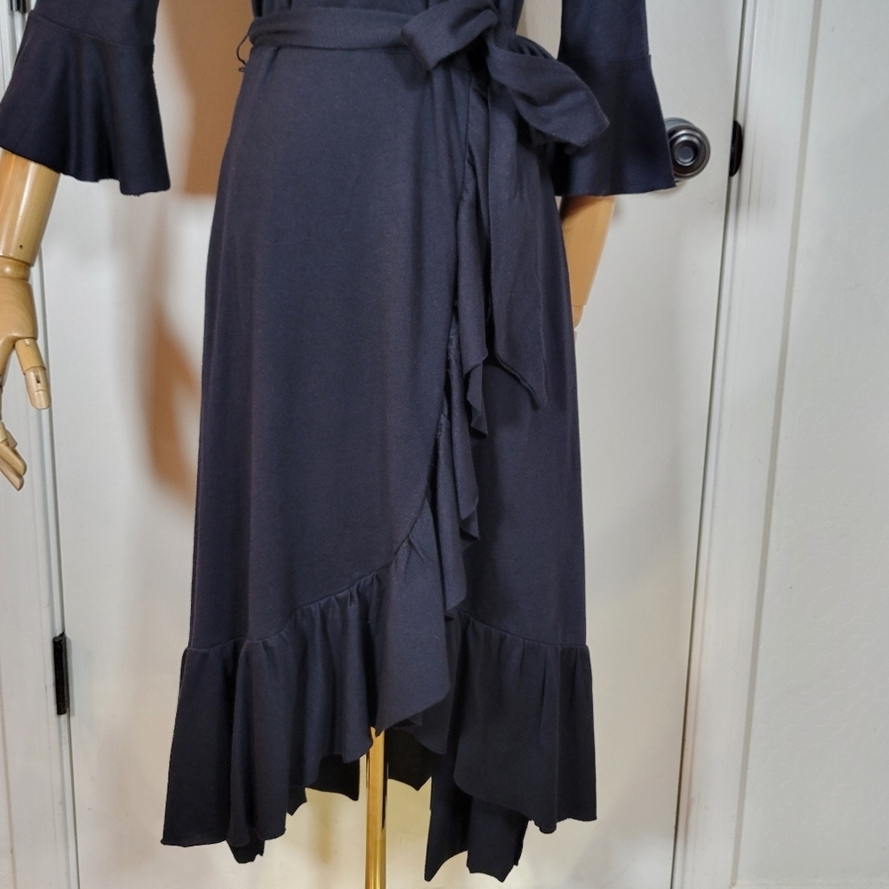 Soft Surroundings Black V-Neck Tie Waist Ruffle Hem Midi Dress XSP - Picture 2 of 11